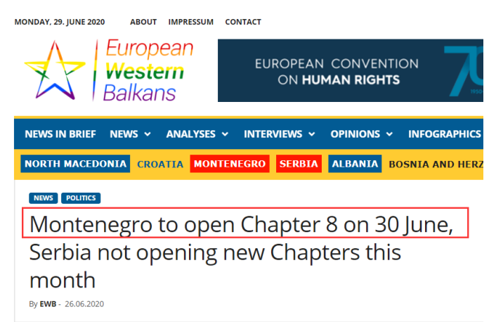 黑山入欧盟进度：最后一章“第8章-竞争”谈判，于2020年6月30日正式开始